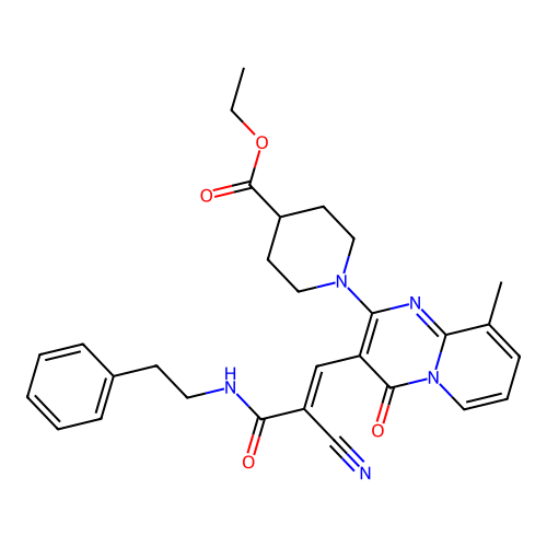 (E)-ethyl 1-(3-(2-cyano-3-oxo-3-(phenethylamino)prop-1-en-1-yl)-9-methyl-4-oxo-4H-pyrido[1,2-a]pyrimidin-2-yl)piperidine-4-carboxylate structure