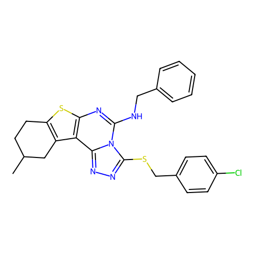 N-benzyl-3-((4-chlorobenzyl)thio)-10-methyl-8,9,10,11-tetrahydrobenzo[4,5]thieno[3,2-e][1,2,4]triazolo[4,3-c]pyrimidin-5-amine structure