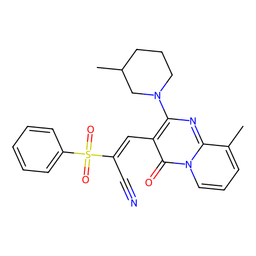 (2E)-3-[9-methyl-2-(3-methylpiperidin-1-yl)-4-oxo-4H-pyrido[1,2-a]pyrimidin-3-yl]-2-(phenylsulfonyl)prop-2-enenitrile structure