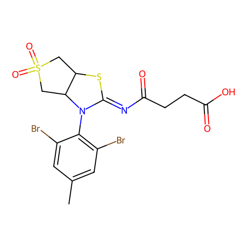 (Z)-4-((3-(2,6-dibromo-4-methylphenyl)-5,5-dioxidotetrahydrothieno[3,4-d]thiazol-2(3H)-ylidene)amino)-4-oxobutanoic acid structure