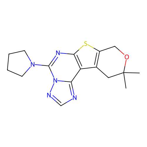10,10-dimethyl-5-(pyrrolidin-1-yl)-10,11-dihydro-8H-pyrano[4',3':4,5]thieno[3,2-e][1,2,4]triazolo[1,5-c]pyrimidine structure