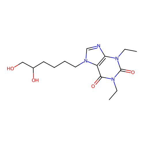 1H-Purine-2,6-dione, 3,7-dihydro-1,3-diethyl-7-(5,6-dihydroxyhexyl)-, hydrate structure