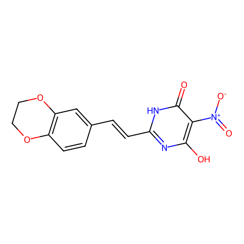 (E)-2-(2-(2,3-dihydrobenzo[b][1,4]dioxin-6-yl)vinyl)-6-hydroxy-5-nitropyrimidin-4(3H)-one structure