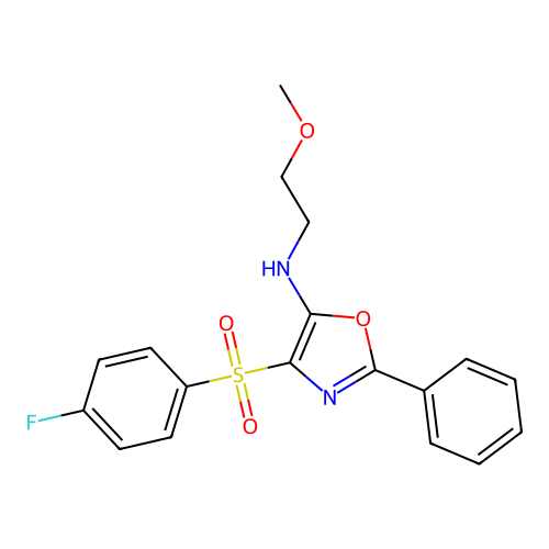 4-((4-fluorophenyl)sulfonyl)-N-(2-methoxyethyl)-2-phenyloxazol-5-amine structure