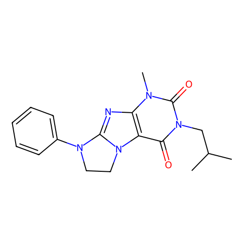1-methyl-3-(2-methylpropyl)-8-phenyl-1,3,5-trihydroimidazolidino[1,2-h]purine- 2,4-dione structure