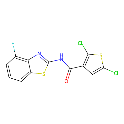 2,5-dichloro-N-(4-fluoro-1,3-benzothiazol-2-yl)thiophene-3-carboxamide structure