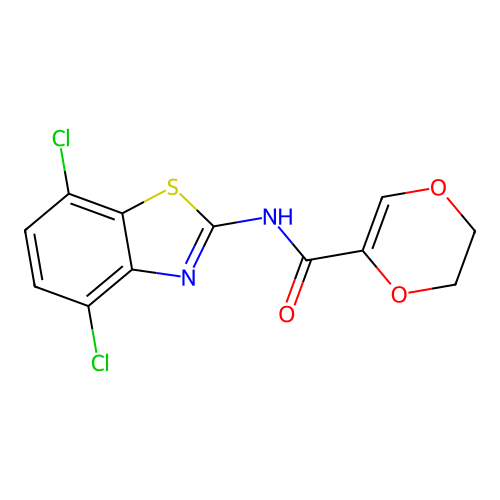 N-(4,7-dichlorobenzo[d]thiazol-2-yl)-5,6-dihydro-1,4-dioxine-2-carboxamide structure
