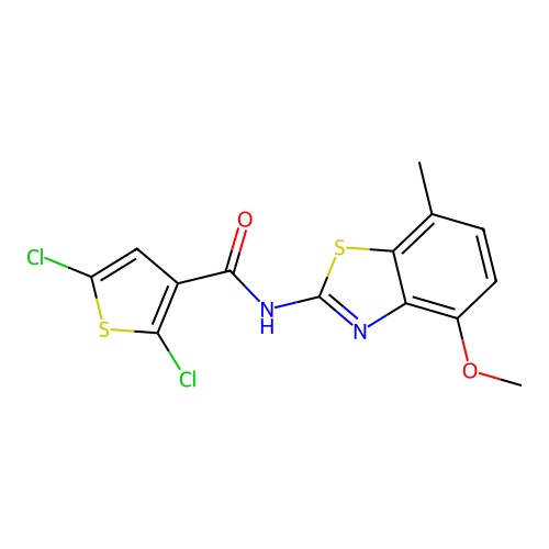 2,5-dichloro-N-(4-methoxy-7-methyl-1,3-benzothiazol-2-yl)thiophene-3-carboxamide structure