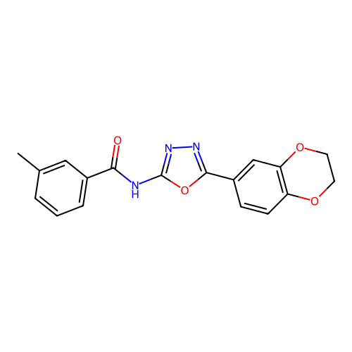 N-[5-(2,3-dihydro-1,4-benzodioxin-6-yl)-1,3,4-oxadiazol-2-yl]-3-methylbenzamide structure