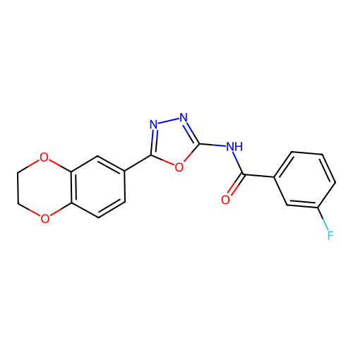 N-[5-(2,3-dihydro-1,4-benzodioxin-6-yl)-1,3,4-oxadiazol-2-yl]-3-fluorobenzamide structure