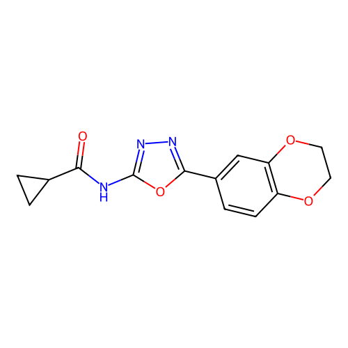 N-[5-(2,3-dihydro-1,4-benzodioxin-6-yl)-1,3,4-oxadiazol-2-yl]cyclopropanecarboxamide structure