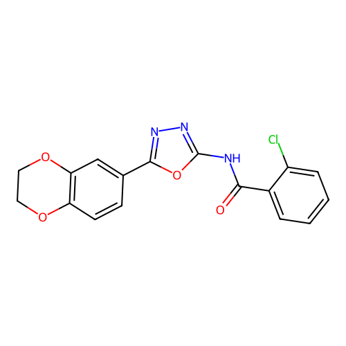 2-chloro-N-[5-(2,3-dihydro-1,4-benzodioxin-6-yl)-1,3,4-oxadiazol-2-yl]benzamide structure