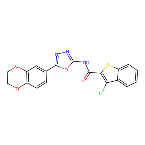 3-chloro-N-[5-(2,3-dihydro-1,4-benzodioxin-6-yl)-1,3,4-oxadiazol-2-yl]-1-benzothiophene-2-carboxamide structure