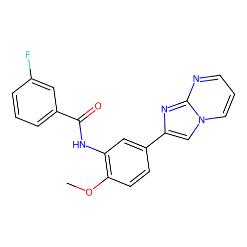 3-fluoro-N-(5-{imidazo[1,2-a]pyrimidin-2-yl}-2-methoxyphenyl)benzamide structure