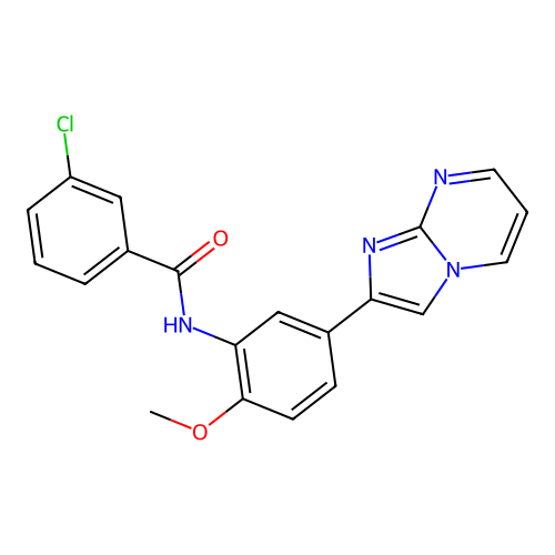 3-chloro-N-(5-{imidazo[1,2-a]pyrimidin-2-yl}-2-methoxyphenyl)benzamide structure