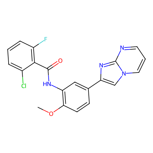 2-chloro-6-fluoro-N-(5-imidazo[1,2-a]pyrimidin-2-yl-2-methoxyphenyl)benzamide structure