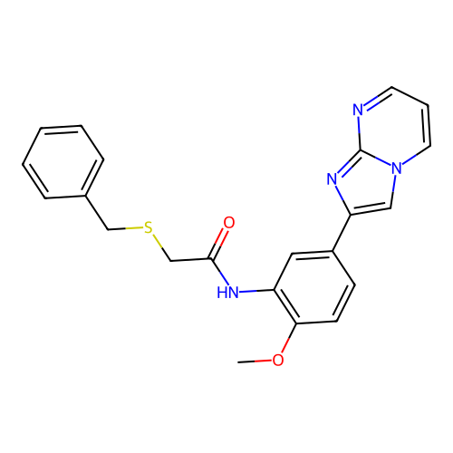 2-(benzylthio)-N-(5-(imidazo[1,2-a]pyrimidin-2-yl)-2-methoxyphenyl)acetamide structure