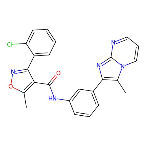 3-(2-chlorophenyl)-5-methyl-N-(3-{3-methylimidazo[1,2-a]pyrimidin-2-yl}phenyl)-1,2-oxazole-4-carboxamide structure