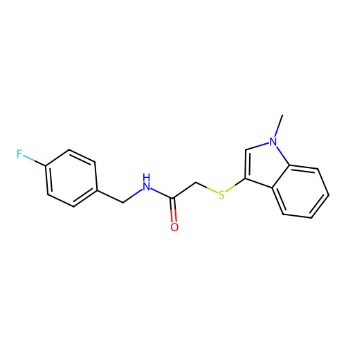 N-[(4-fluorophenyl)methyl]-2-(1-methylindol-3-yl)sulfanylacetamide structure