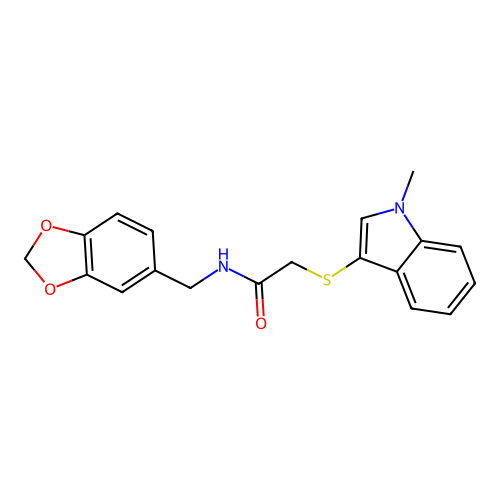N-(1,3-benzodioxol-5-ylmethyl)-2-(1-methylindol-3-yl)sulfanylacetamide structure