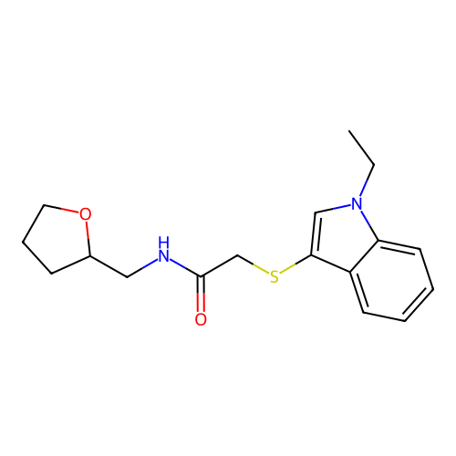 2-((1-ethyl-1H-indol-3-yl)thio)-N-((tetrahydrofuran-2-yl)methyl)acetamide structure
