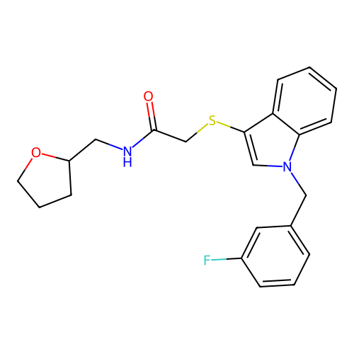 2-[1-[(3-fluorophenyl)methyl]indol-3-yl]sulfanyl-N-(oxolan-2-ylmethyl)acetamide structure