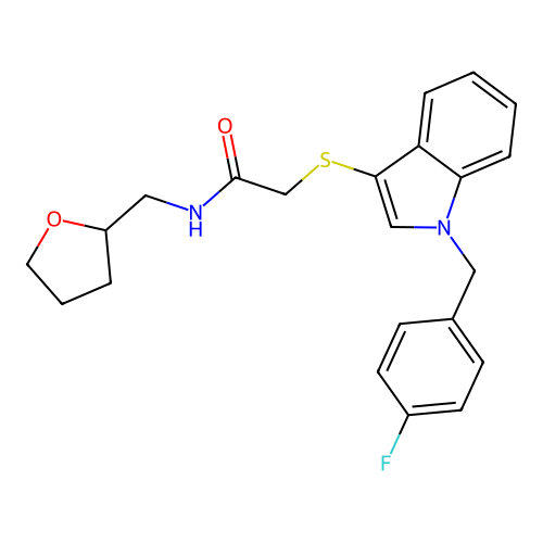 2-[1-[(4-fluorophenyl)methyl]indol-3-yl]sulfanyl-N-(oxolan-2-ylmethyl)acetamide structure