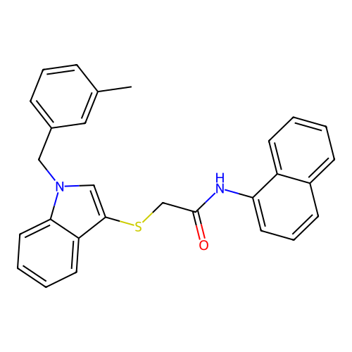 2-[1-[(3-methylphenyl)methyl]indol-3-yl]sulfanyl-N-naphthalen-1-ylacetamide structure