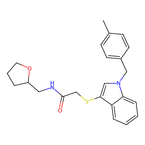 2-((1-(4-methylbenzyl)-1H-indol-3-yl)thio)-N-((tetrahydrofuran-2-yl)methyl)acetamide structure