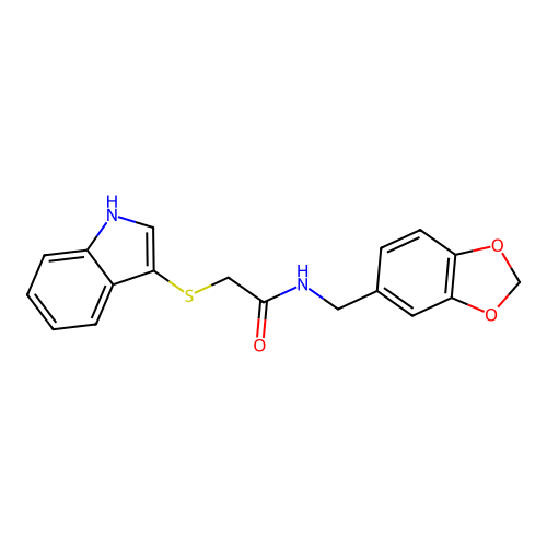 N-(1,3-benzodioxol-5-ylmethyl)-2-(1H-indol-3-ylsulfanyl)acetamide structure