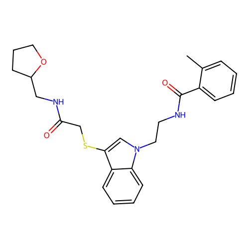 2-methyl-N-[2-[3-[2-oxo-2-(oxolan-2-ylmethylamino)ethyl]sulfanylindol-1-yl]ethyl]benzamide structure