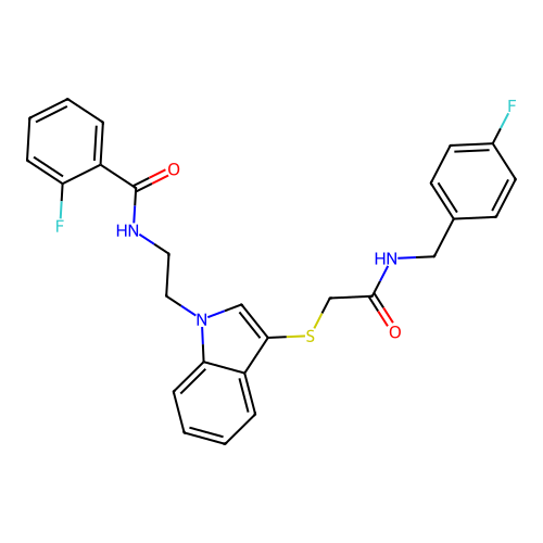 2-fluoro-N-(2-(3-((2-((4-fluorobenzyl)amino)-2-oxoethyl)thio)-1H-indol-1-yl)ethyl)benzamide structure