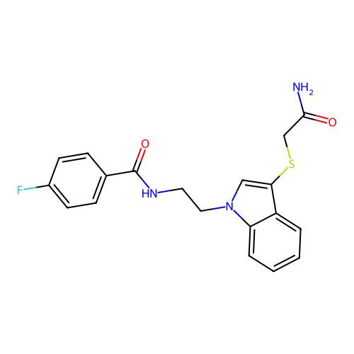 N-[2-[3-(2-amino-2-oxoethyl)sulfanylindol-1-yl]ethyl]-4-fluorobenzamide structure