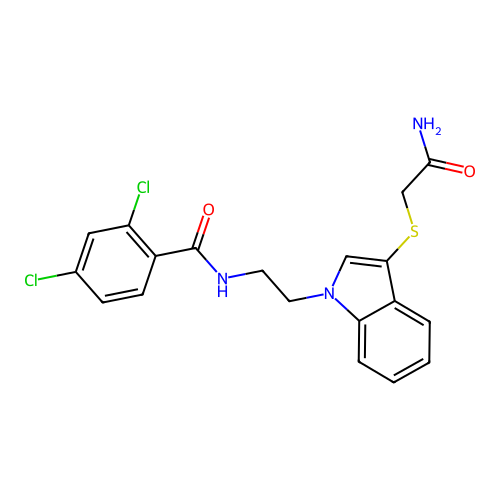 N-[2-[3-(2-amino-2-oxoethyl)sulfanylindol-1-yl]ethyl]-2,4-dichlorobenzamide structure