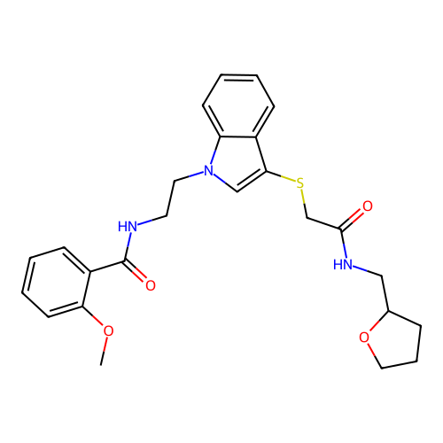 2-methoxy-N-(2-(3-((2-oxo-2-(((tetrahydrofuran-2-yl)methyl)amino)ethyl)thio)-1H-indol-1-yl)ethyl)benzamide structure