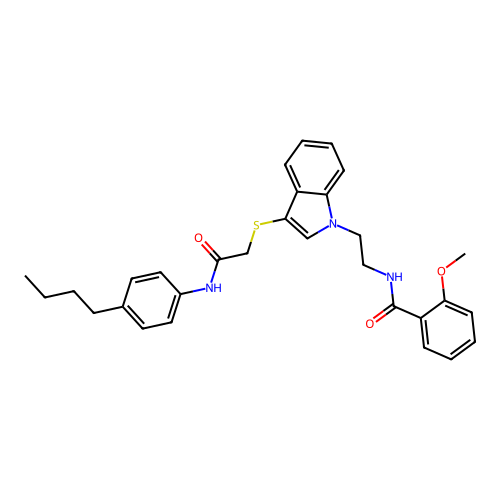 N-(2-(3-((2-((4-butylphenyl)amino)-2-oxoethyl)thio)-1H-indol-1-yl)ethyl)-2-methoxybenzamide structure