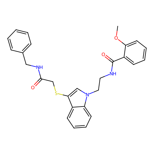 N-[2-[3-[2-(benzylamino)-2-oxoethyl]sulfanylindol-1-yl]ethyl]-2-methoxybenzamide structure