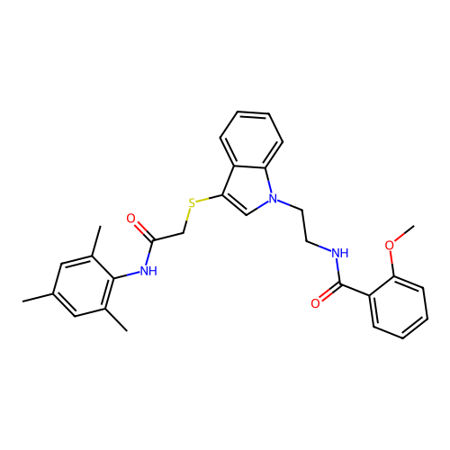 N-(2-(3-((2-(mesitylamino)-2-oxoethyl)thio)-1H-indol-1-yl)ethyl)-2-methoxybenzamide structure