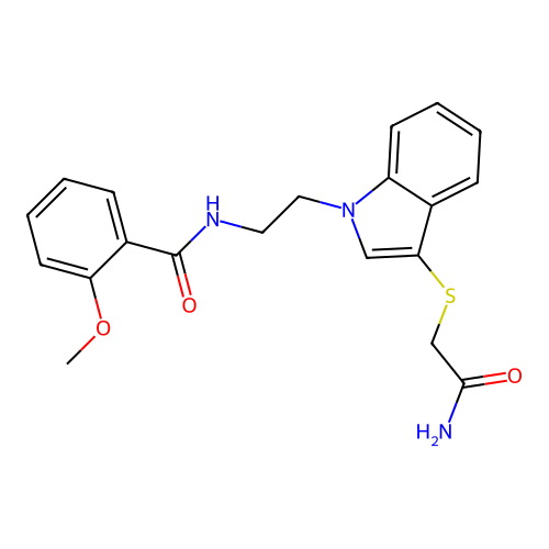 N-[2-[3-(2-amino-2-oxoethyl)sulfanylindol-1-yl]ethyl]-2-methoxybenzamide structure