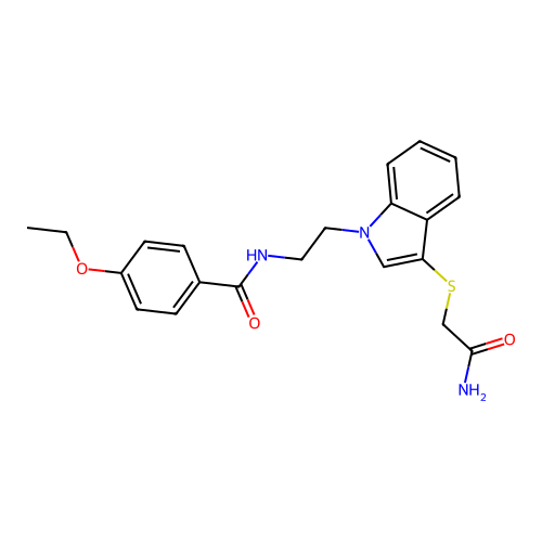 N-[2-[3-(2-amino-2-oxoethyl)sulfanylindol-1-yl]ethyl]-4-ethoxybenzamide structure
