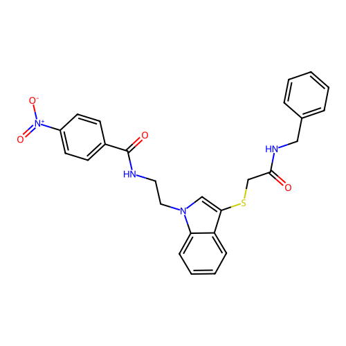 N-(2-(3-((2-(benzylamino)-2-oxoethyl)thio)-1H-indol-1-yl)ethyl)-4-nitrobenzamide structure