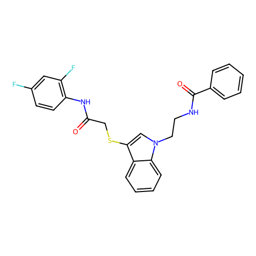 N-[2-[3-[2-(2,4-difluoroanilino)-2-oxoethyl]sulfanylindol-1-yl]ethyl]benzamide structure