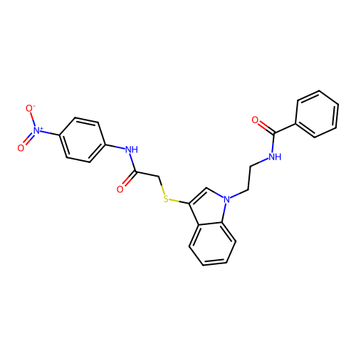 N-[2-[3-[2-(4-nitroanilino)-2-oxoethyl]sulfanylindol-1-yl]ethyl]benzamide structure