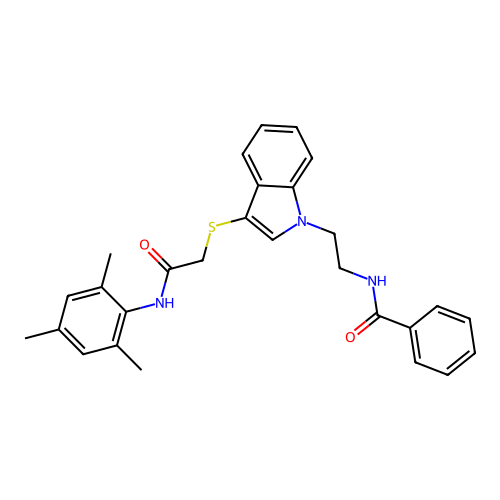 N-(2-(3-((2-(mesitylamino)-2-oxoethyl)thio)-1H-indol-1-yl)ethyl)benzamide structure
