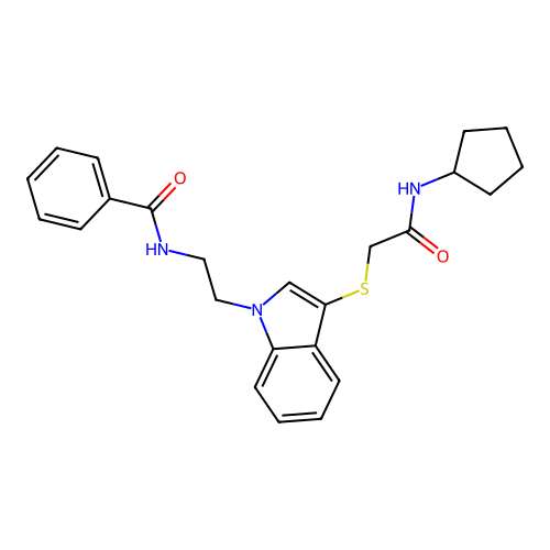 N-(2-(3-((2-(cyclopentylamino)-2-oxoethyl)thio)-1H-indol-1-yl)ethyl)benzamide structure