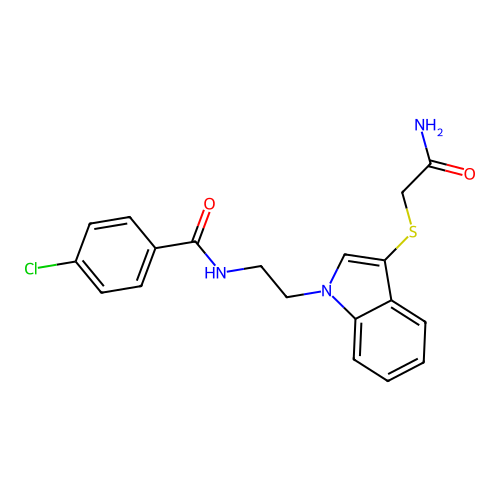 N-(2-(3-((2-amino-2-oxoethyl)thio)-1H-indol-1-yl)ethyl)-4-chlorobenzamide structure