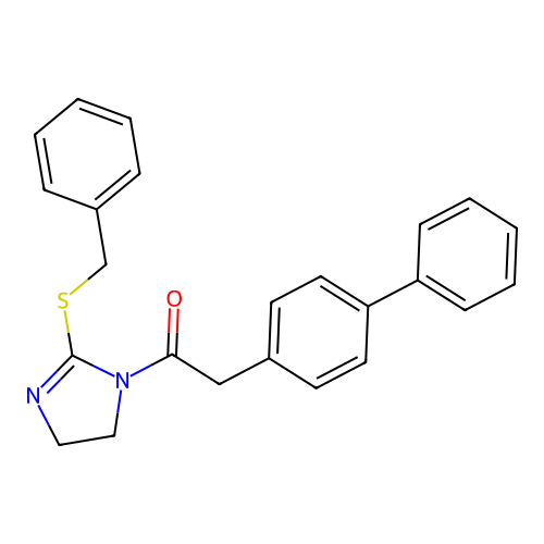 2-([1,1'-biphenyl]-4-yl)-1-(2-(benzylthio)-4,5-dihydro-1H-imidazol-1-yl)ethanone structure