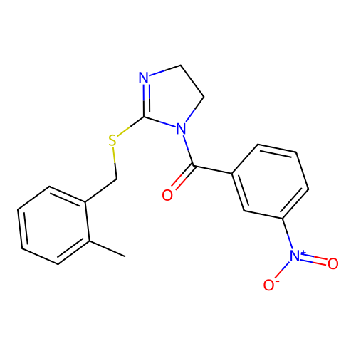 (2-((2-methylbenzyl)thio)-4,5-dihydro-1H-imidazol-1-yl)(3-nitrophenyl)methanone structure