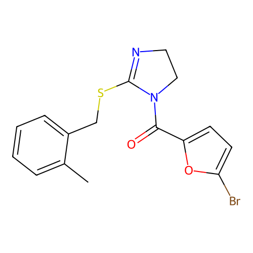 (5-bromofuran-2-yl)(2-((2-methylbenzyl)thio)-4,5-dihydro-1H-imidazol-1-yl)methanone structure