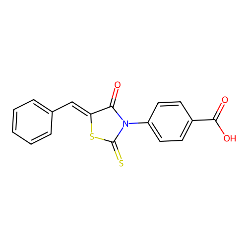 4-(5-Phenylmethylene-4-oxo-2-thionothiazolidin-3-yl)benzoic acid structure